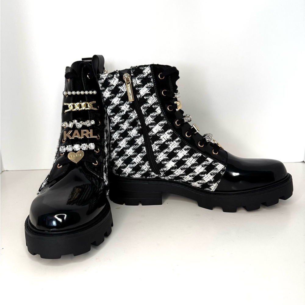 New Karl Lagerfeld Mela Tweed Black/White Combat Boots - Picture 10 of 12